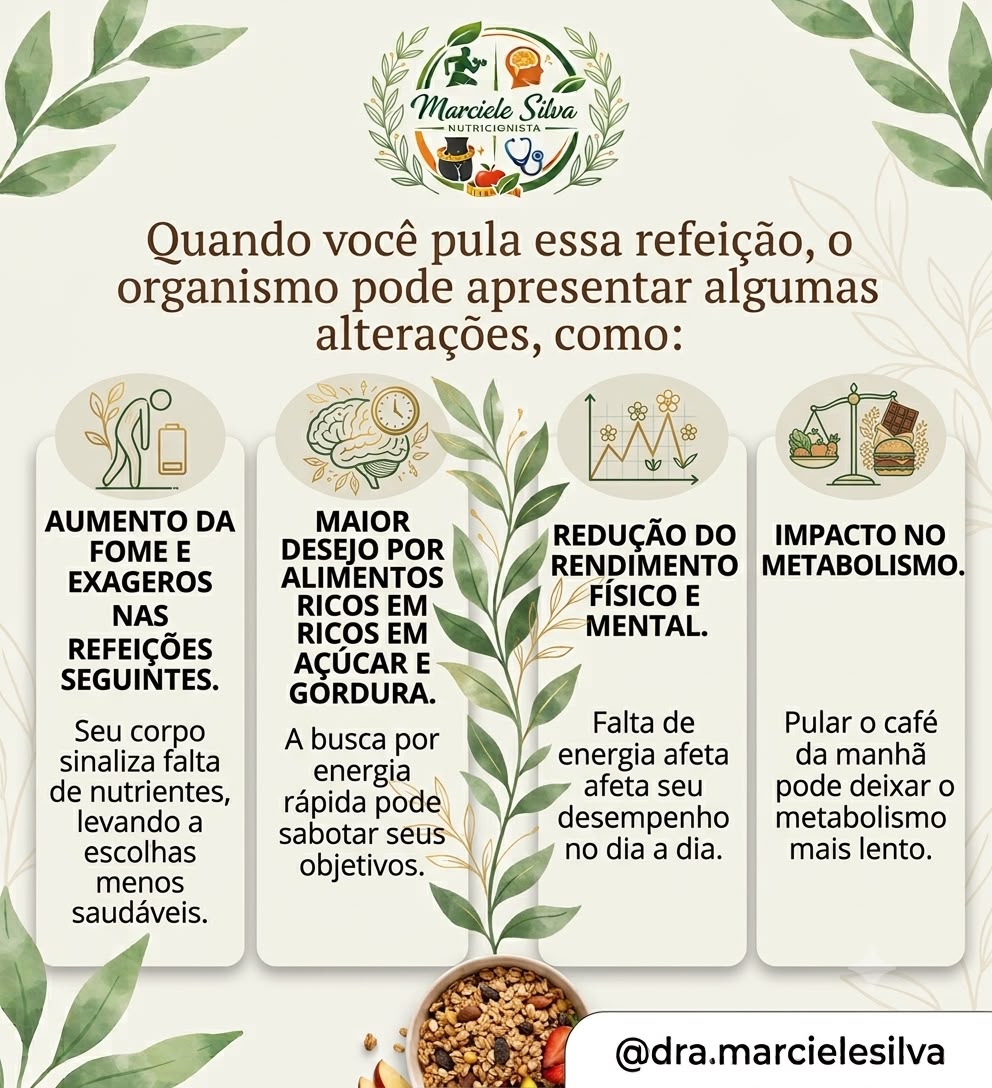 Quando você pula essa refeição, o organismo pode apresentar alterações: aumento da fome, maior desejo por açúcar e gordura, redução do rendimento físico e mental e impacto no metabolismo